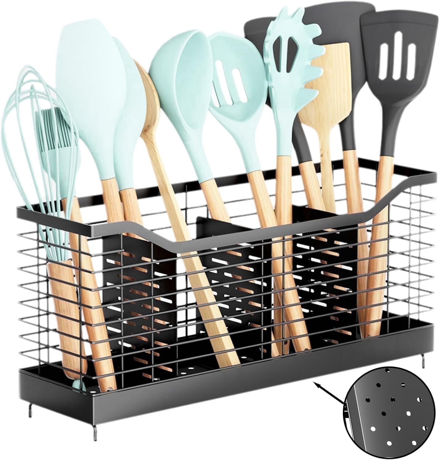 Godance Extra Large Kitchen Utensil Organizer with 4 Compartments - Countertop Storage Holder for 40+ Cooking Tools, Drainage Design with Non-Slip Base, Countertop Organizer for Spoons, Spatulas