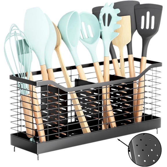 Godance Extra Large Kitchen Utensil Organizer with 4 Compartments - Countertop Storage Holder for 40+ Cooking Tools, Drainage Design with Non-Slip Base, Countertop Organizer for Spoons, Spatulas