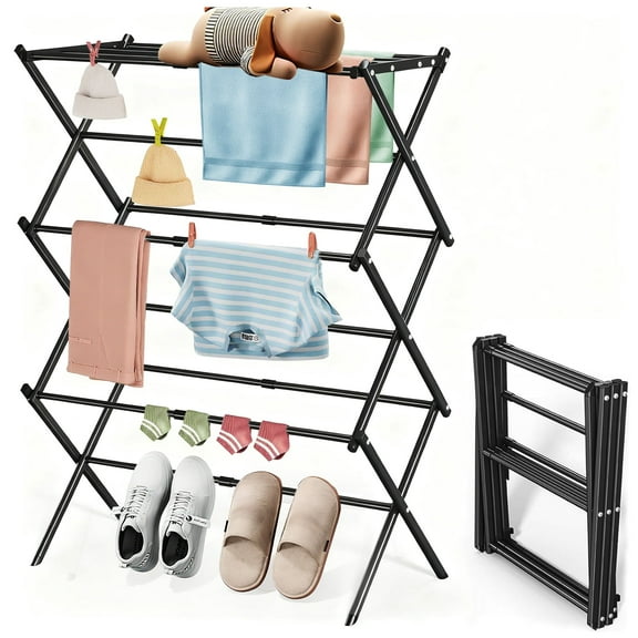 Godance Foldable Clothes Drying Rack, 3-Tier Laundry Drying Rack, Expandable Metal Clothing Dryer, Collapsible Space Saving Clothing Rack for Indoor Outdoor, 28" D x 10" W x 35" H, Black