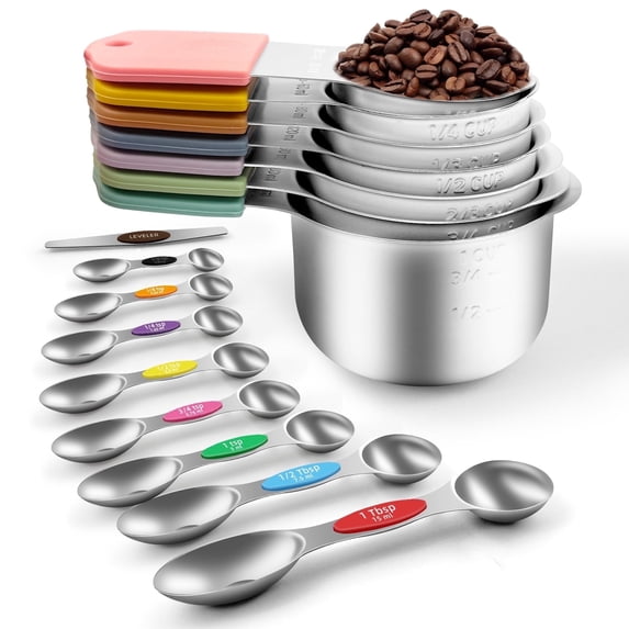 Godance Magnetic Measuring Cups and Spoons Set Including 7 Stainless Steel Stackable Measuring Cup 8 Double Sided Magnetic Measuring Spoons with 1 Leveler for Dry and Liquid Ingredients(Multicolor)