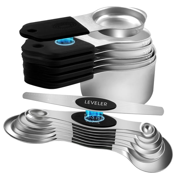 Godance Magnetic Measuring Cups and Spoons Set of 16, Strong N45 Magnets, Stainless Steel Measuring Cups and Spoons Set for Dry & Liquid, Measure Cups & Spoons & Leveler for Baking & Cooking (Black)