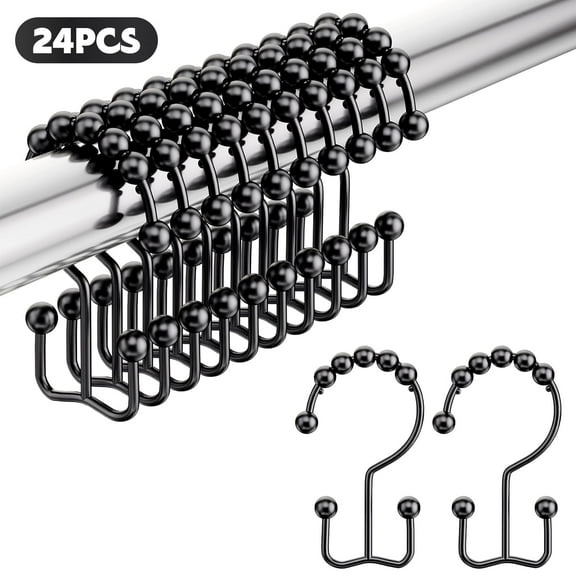 Godance Shower Curtain Hooks, 24 Pcs Rustproof Metal Shower Curtain Rings, Free Sliding Double Shower Hooks for Shower Curtain & Liners, Shower Curtain Hangers for Bathroom Shower Curtain Rod (Black)