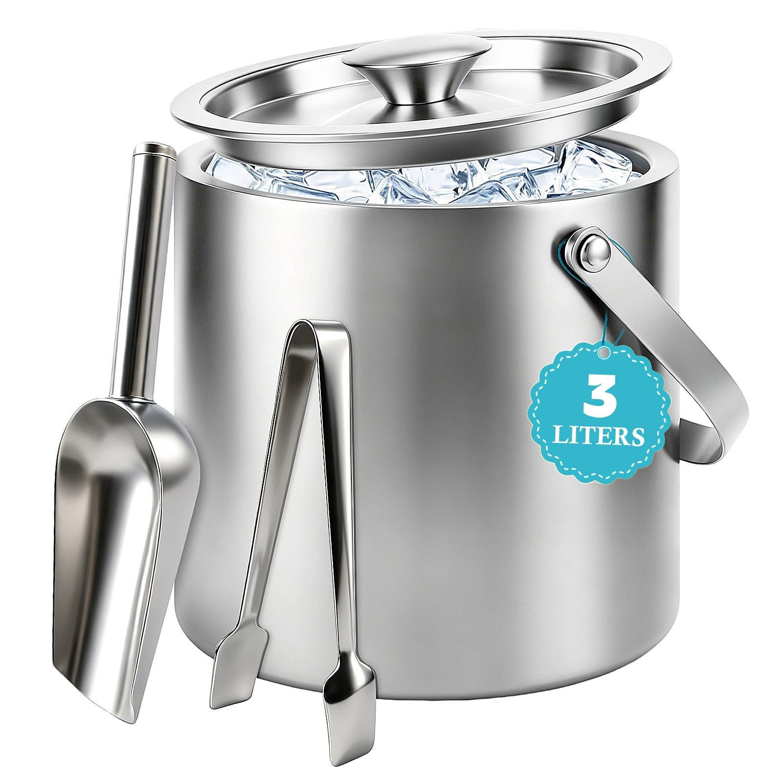 Godance Stainless Steel Ice Bucket - 3L Double-Wall Insulated Ice Buckets for Parties with Lid, Scoop & Tongs, Large Champagne Wine Drink Container Holder for Cocktail Bar, Parties, Chilling Beer Win