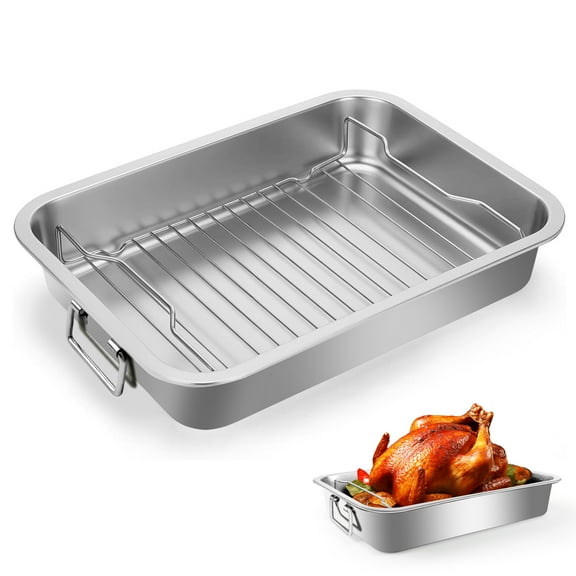 Godance Stainless Steel Roasting Pan - 15"×11"×3" Heavy Duty Turkey Roasting Baking Broiler Oven Pan with Rack and Handle for Oven, High Sided Easy to Clean Roast Tray for Chicken, Vegetable, Lasagna