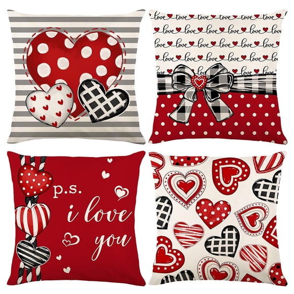 Godance Valentine's Day Pillow Covers 18x18 Inch Set of 4, Red Black Heart & Buffalo Plaid Valentine Throw Pillow Covers with Zipper Closure, Anniversary Wedding Cushion Covers for Couch, Sofa, Bed