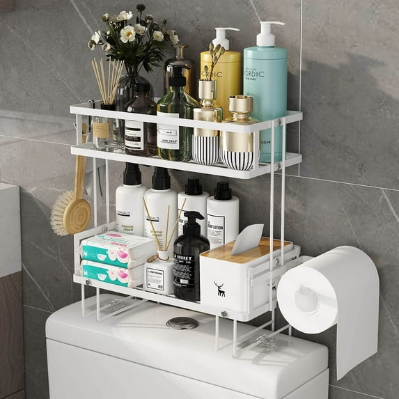 Bathroom Organizers Storage, Bathroom Shelves with 2 Hooks, Wall Mounted Toilet Shelf Rack, Behind and Above the Toilet Organizer, Gifts for Women