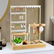 Godboat Jewelry Holder Organizer, 4-Tier Earring Holder Organizer with 48 Holes, 6 Hooks Necklace Organizer, Wood Box for Bracelet & Ring, Mothers Day Gifts for Women, Cool Preppy Stuff & Room Decor