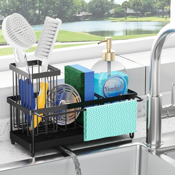Godboat Sponge Holder for Kitchen Sink - Kitchen Sink Organizer with Brush Holder, Kitchen Sink Caddy with Auto-Drain, 360° Swivel Spout, Cool Kitchen Gadgets for Home