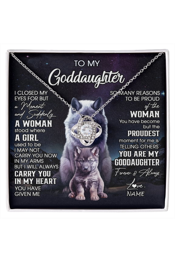 Goddaughter I Close My Eyes Wolf Necklace, White Love Knot Necklace