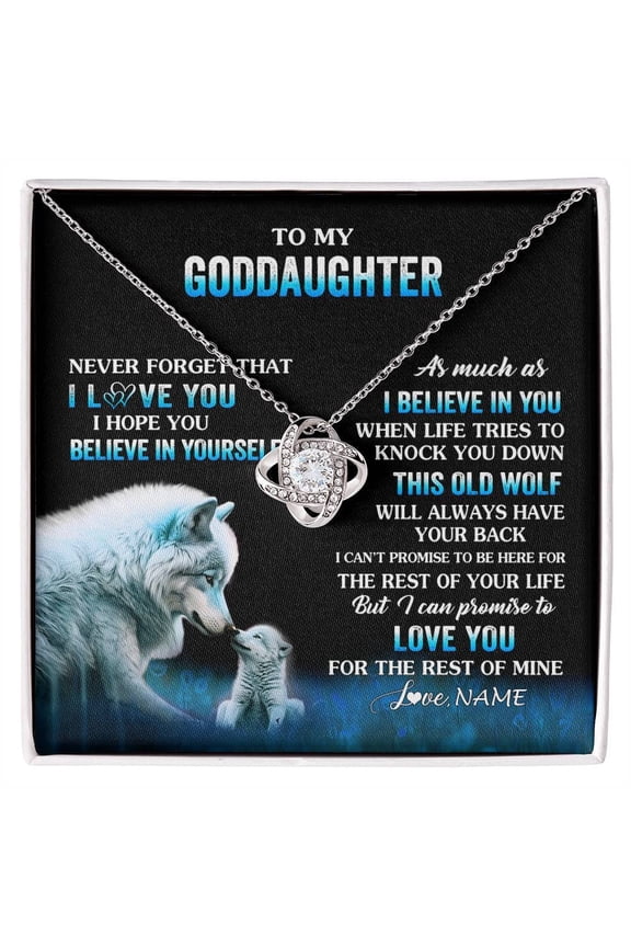 Goddaughter Old Wolf Love Necklace, Gold Love Knot Necklace