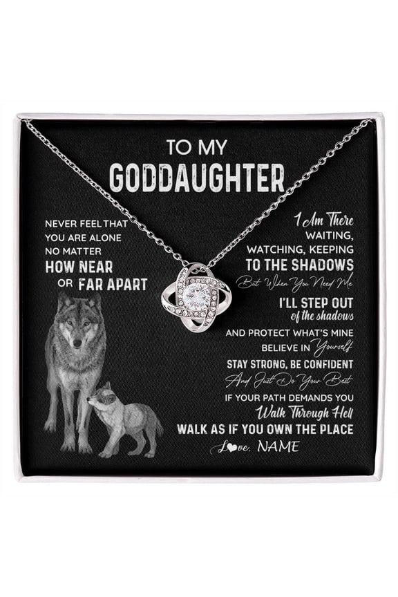 Goddaughter Wolf Never Alone Necklace, Gold Love Knot Necklace