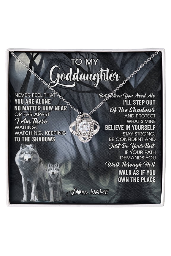 Goddaughter Wolf Never Alone Necklace, White Love Knot Necklace