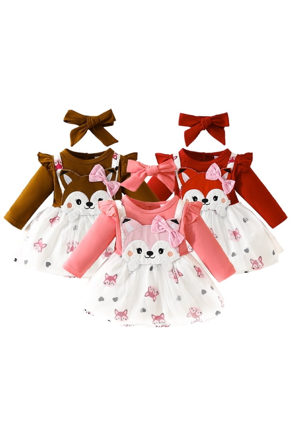 0-18Months Girls Bow Printed Dress,Newborn Girls Fox Embroidery Casual Dress,Long Sleeved Mesh Dress,Fake Straps Dress