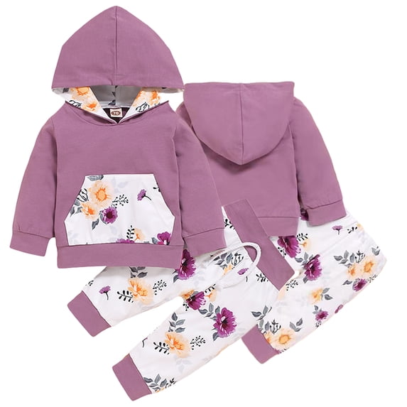 Godderr 0-2 Years Old Girls Hooded Elastic Floral Pants Two-Piece,Newborn Long Sleeve Solid Color Printed Hoodie Sweat Pants Set