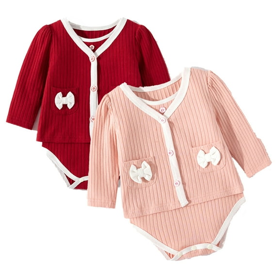 Godderr 1-18M Girls Onesie Jumpsuit Romper Cotton Baby Solid Colour Autumn Winter Clothes Long Sleeve Ribbon Buttons Onesies