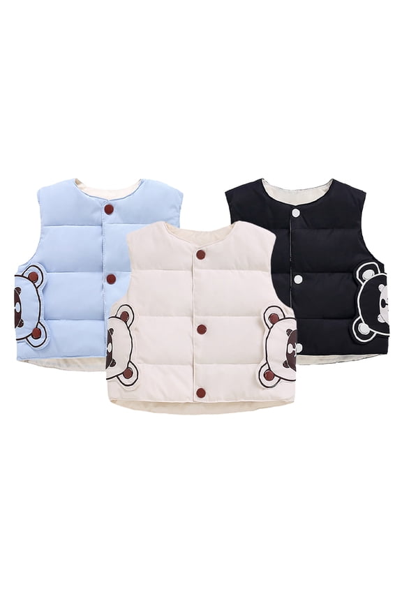 1-7 Year Boys Girls down Vest for Baby Kids Cartoon Printed Warm Vest Crewneck Buttons Outside Winter Sleeveless Jacket