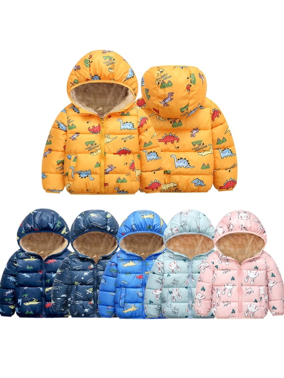 1-7 Years Kids Toddler Winter Warm Cotton Jacket Hooded Padded Down Cotton Coats with Pockets Windproof Outerwear Boys Girls Cute Cartoon Short Puffer Cotton Jacket