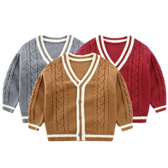 Godderr 1-7T Baby Toddler Boys Fleece Knit Sweaters Kids Fall Winter Stripes Twisted Cardigan Sweaters Jacket Warm Anti-Pilling Knit Tops