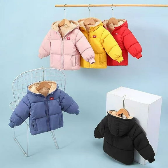 Godderr 1-7T Boys Boys Girls Winter Down Coats with Hoods Fleece Coats Down Cotton Jacket for Kids Toddler Fleece Jackets Coats Down Coats Jackets Thickened Zip Solid Colour Jacket Winter Tops