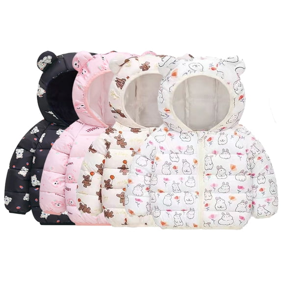 Godderr 1-7Y Baby Kids Ears Hooded Warm Cotton Jacket Boys Girls Flower Color Down Cotton Coats Windproof Winter Jacket Short Outerwear