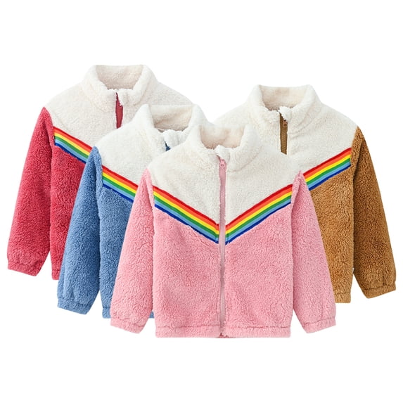 Godderr 1-7Y Boys Girls Fleece Jackets Coats Fall Winter Stand-Up Collar Outwears Tops Long Sleeve Warm Coats Rainbow Splices Jackets with Zip for Kids Toddler Baby