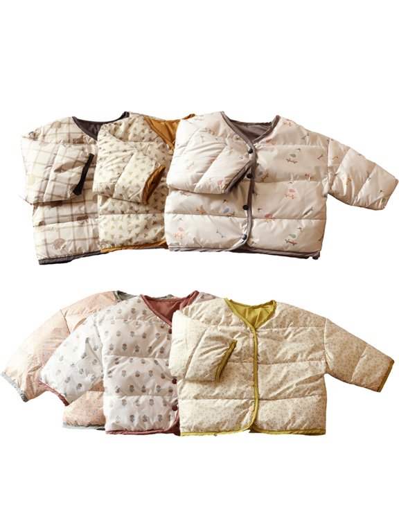 1-7Y Boys Girls Flower Winter Down Coats for Kids Toddler V-Neck Down Jackets Washing-Free Down Liner Winter Outerwear Buttons Thickening Snowsuit
