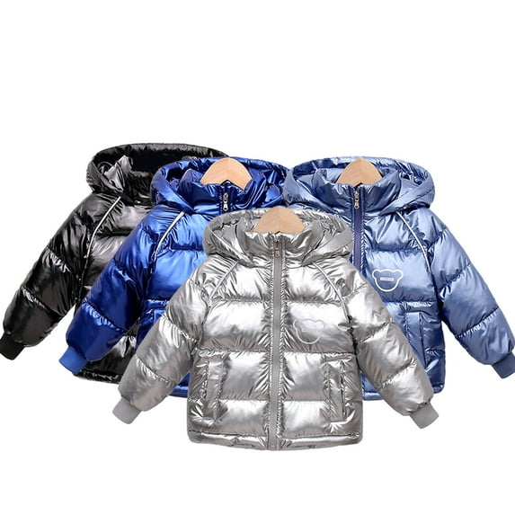 Godderr 1-7Y Boys Girls Solid Color Cotton Jacket Hooded Down Coats for Baby Kids Zipper Down Cotton Jacket Glossy Warm Tops Winter Outerwear