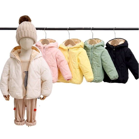 Godderr 1-7Y Girls Boys Hooded Cotton Jackets Coats for Toddler Baby Short Fleece Outwears with Zipper Winter Fall Solid Color Coats