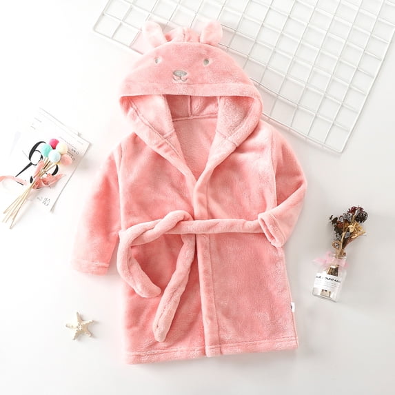 Godderr 1-7Y Girls Cute Hooded Bathrobe,Fuzzy Fleece Bath Towel with Belt and Rabbit Ears Toddler Printed Skin-Friendly Soft Cotton Bathrobe