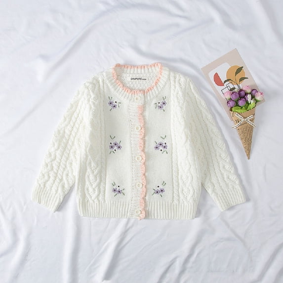Godderr 1-7Y Girls Lacey Cardigan Sweater Fall Spring Princess Knit Sweater Knitwear with Handed Flowers Cute Knitted Coats Outwears for Toddler Baby Kids