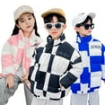 thumbnail image 1 of Godderr 1-7Y Toddler Kids Checkerboard Cotton Jacket Boys Girls Simple Letter Print Cotton Coat Tops Slanting Pockets Winter Jacket High Neck Warm Cotton Coat, 1 of 7