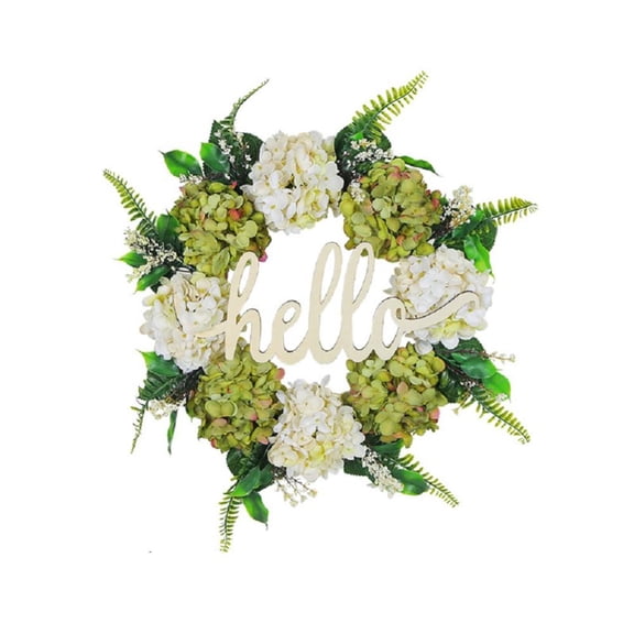 Godderr 1PCS Hello Wood Door Decoration Imitation Wreath Hydrangea Macrophylla Rattan Circle Wall Hanging Window Decoration 15.8inch