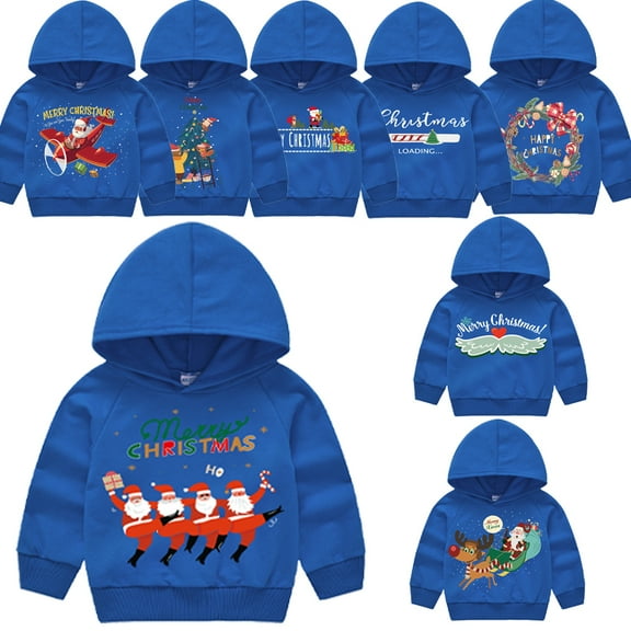 Godderr 2-7 Years Baby Kids Christmas Sweatshirt Cartoon Printing Hoodie Spring Fall Casual Tops Long Sleeve Bottoming Shirt Chrismas Costume for Boys & Girls （sapphire Blue）