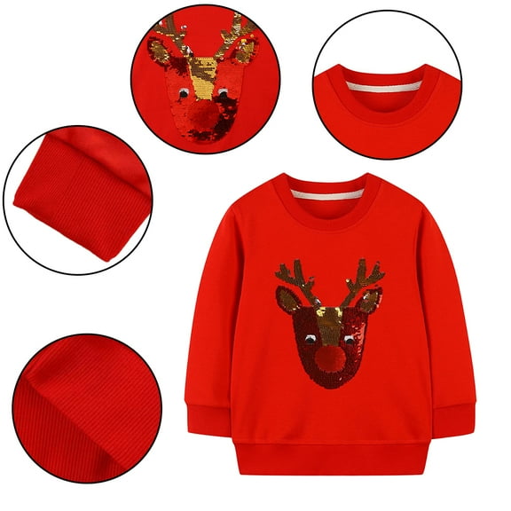 Godderr 2-7 Years Baby Kids Fall Sweatshirt Small Deer Sequin Sweater Crewneck Bottoming Shirt Long Sleeve Jacket Toddler Comfortable Tops