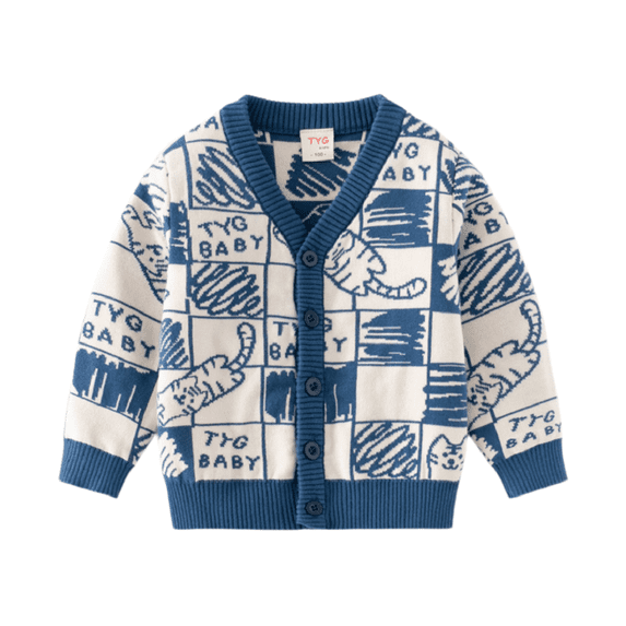 Godderr 2-7Y Boys Cartoon Cardigan Sweater Cartoon Cute V Collar Knit Sweater Outwears Coats with Cat Pattern Soft Skin-Friendly Knitwear for Kids Toddler