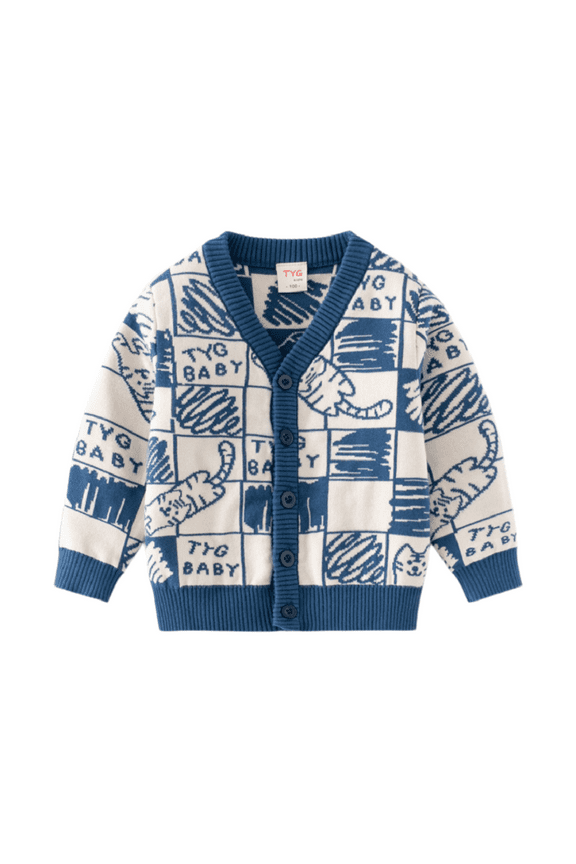 2-7Y Boys Cartoon Cat Pattern Cardigan Sweater Jacket for Baby Toddler Kids,Button V Neck Sweater Knit Top,Long Sleeve Undershirt Sweater