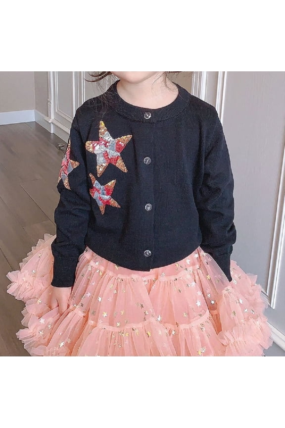 2-8Y Girls Cute Knit Sweater Knitwear Knitted Cardigan Sweater Coats Jackets with Sequined Star Fall Spring Princess Cotton Outwears for Toddler Kids