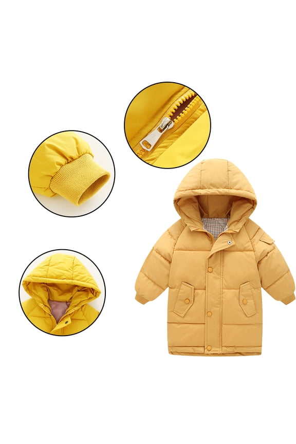 2-9Y Baby Boys Girls Slant Pocket Down Jackets Hooded Solid Colour Down Coats Kids Lightweight Mid-Length Warm Cotton Coat Fall Winter Thickening Snowsuit