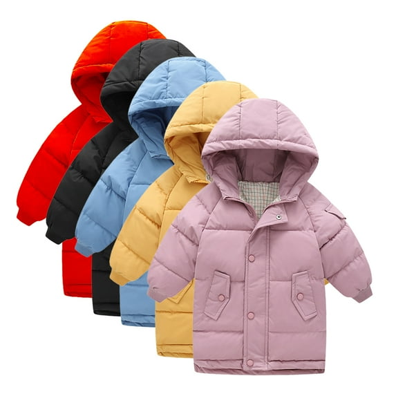 Godderr 2-9Y Baby Boys Girls Slant Pocket Down Jackets Hooded Solid Colour Down Coats Kids Lightweight Mid-Length Warm Cotton Coat Fall Winter Thickening Snowsuit