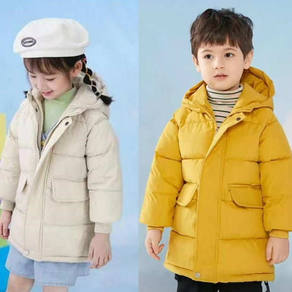 Godderr 2-9Y Kids Boys Girls down Jackets & Coats Windproof Mid-Length Thickened Cotton Jacket Fall and Winter Cotton Coats Solid Colour Zip down Hooded Outerwear