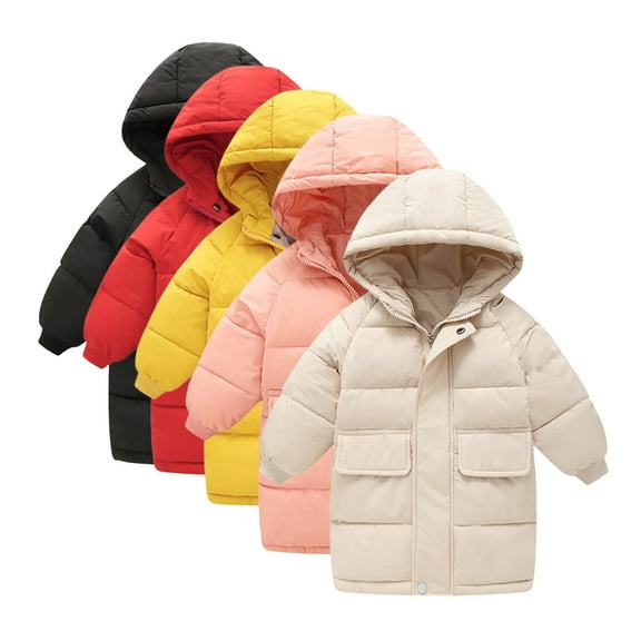 Godderr 2-9Y Kids Boys Girls down Jackets & Coats Windproof Mid-Length Thickened Cotton Jacket Fall and Winter Cotton Coats Solid Colour Zip down Hooded Outerwear