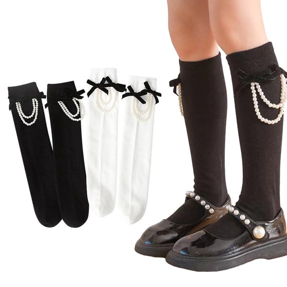 Godderr 2 Pairs Girls Knee High Socks for Kids Baby Solid Color Thigh High Socks Toddler 3-12T Cotton Calf Stacking Socks