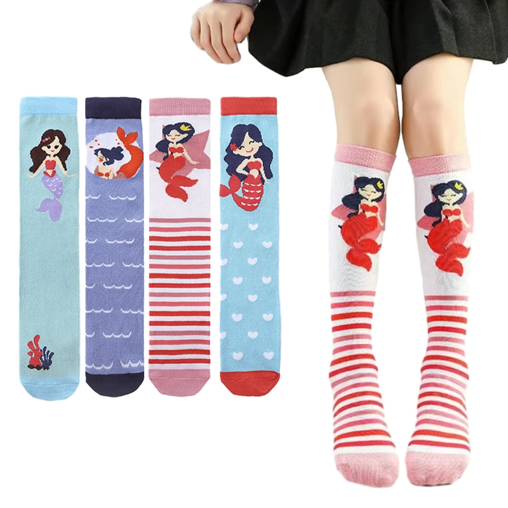 Godderr 2 Pairs Girls Socks Cartoon Knee High Socks Mermaids Thigh High