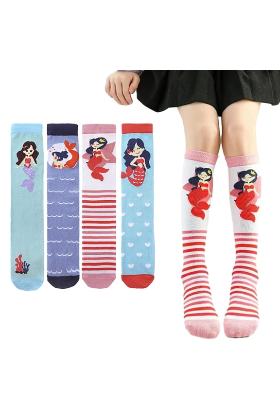 2 Pairs Girls Socks Cartoon Knee High Socks Mermaids Thigh High Socks 3-13Y Autumn Soft over Calf Socks Kids Spring Mid-Calf Socks