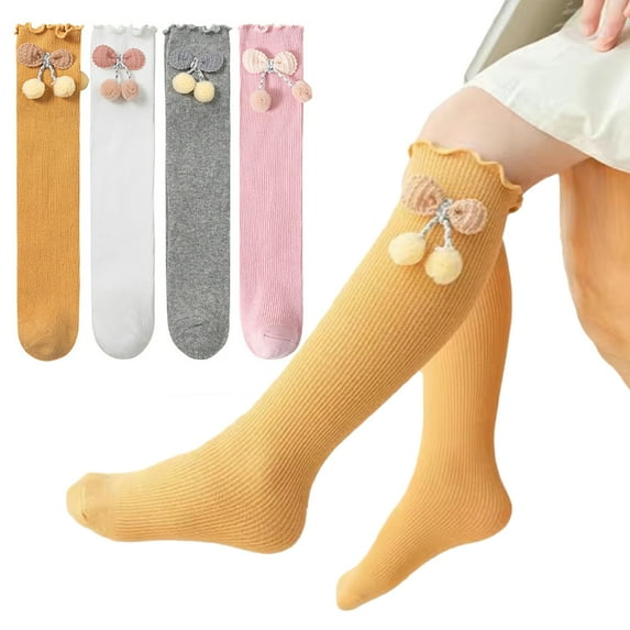 Godderr 2 Pairs Girls Spring Fall Knee High Socks for Kids Baby Candy Color Thigh High Socks Toddler Cute Stacking Socks Cotton Mid-Calf Socks