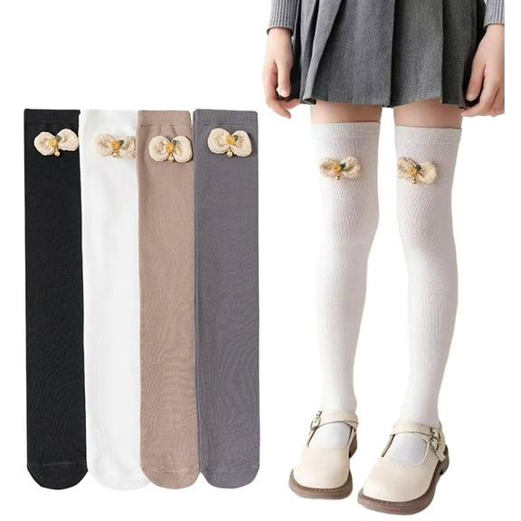 Godderr 2 Pairs Kids Baby Girls Cotton Knee-High Socks College Style Thigh High Socks Spring Fall Students Girls Performance White Socks 3-12 Years