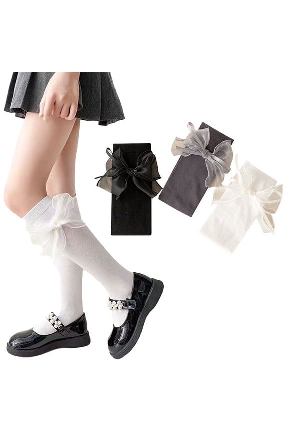 2 Pairs Kids Girls Knee High Socks Big Bow Students Socks Solid Color Mid-Calf Stack Socks Spring Fall Long School 3-12T
