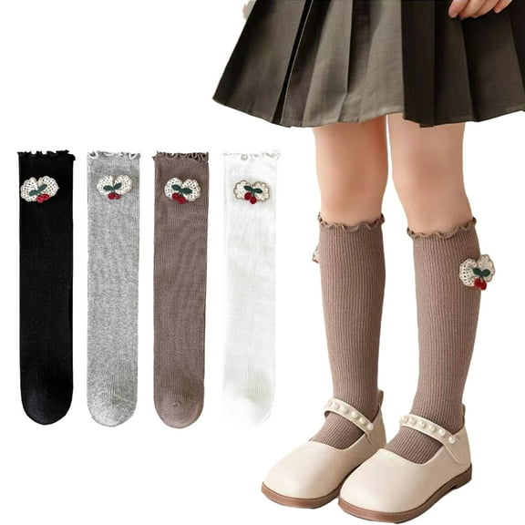 Godderr 2 Pairs Kids Girls Soft Knee High Socks Toddler Dress Socks Cotton Socks for 2 Pairs 3-12Y
