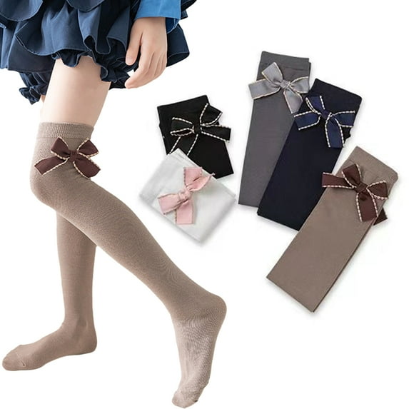 Godderr 2 Pairs Kids Teen Girl's Thigh High Socks 3-12Y Little Girl's Knee High Socks Extra Long over Knee Thigh High Stockings Warm Long Socks Toddler Bow High Boot Stockings