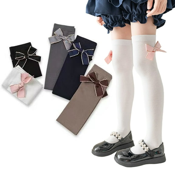 Godderr 2 Pairs Kids Teen Girl's Thigh High Socks 3-12Y Little Girl's Knee High Socks Extra Long over Knee Thigh High Stockings Warm Long Socks Toddler Bow High Boot Stockings